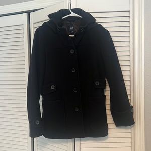 Gap black pea coat with removable hood.